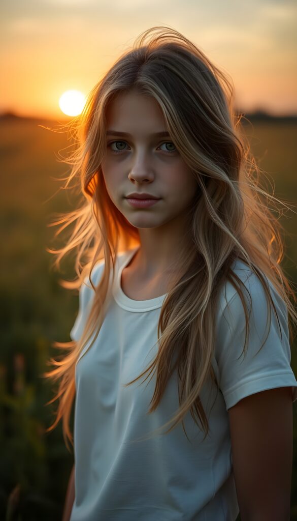 A young girl with pale skin and long light brown hair with blonde highlights, wearing a white t-shirt, stands in a grassy meadow bathed in the warm glow of the sunset. Her hair is gently blowing in the wind, and her green eyes sparkle with a soft, tranquil expression.