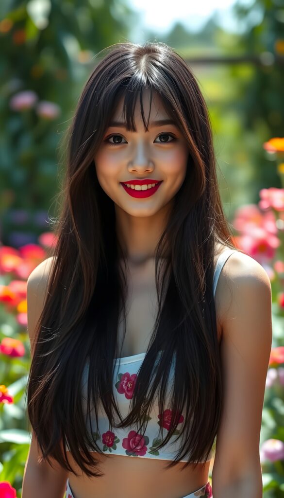 A young girl with long, flowing jet-black hair cascading down her shoulders, her radiant smile accentuated by bold dark red lipstick, stands in a sunlit garden. Her black eyes shine brightly against her pale complexion, framed by perfectly applied black eyeliner. The background features vibrant flowers and lush greenery, creating a magical atmosphere. She is wearing a thin white cropped tank top with a colorful floral pattern that accentuates her perfectly shaped, feminine figure.