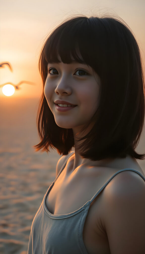 A young girl with soft, dark shoulder-length hair and gentle bangs, her face round and detailed, stands on a vast, deserted beach at sunrise. The sky is a blend of warm oranges and soft pinks, casting a golden glow over the calm sea. She wears a thin, fine-wool tank top, her eyes gazing at the horizon with a warm, serene smile. The perspective is from above, capturing her silhouette against the rising sun, with seagulls soaring in the distance. The composition is balanced, with the beach stretching out to meet the horizon, creating a sense of peace and solitude.