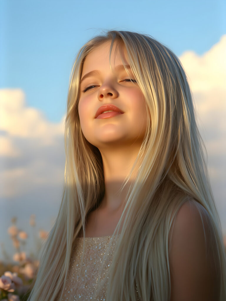 A young girl with long, flowing platinum blonde hair, her eyes closed in anticipation, a round face with full, kissable lips slightly parted, revealing her white teeth, stands against a soft gradient of light blue and lilac. Her head is tilted slightly upwards, wearing a delicate, shimmering gold dress that sparkles under the warm, golden hour light filtering through the serene clouds above. The scene is dreamy, with soft, pastel-colored flowers gently swaying in the breeze around her, creating a romantic and whimsical atmosphere.