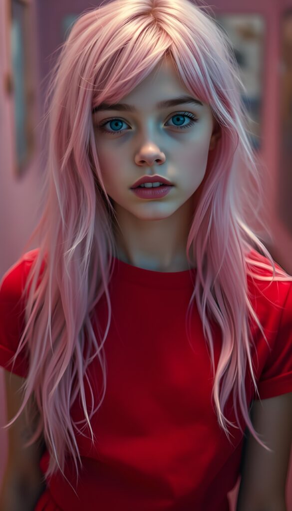 A young girl with porcelain skin and bright blue eyes, her lips full and lips with white teeth, a symmetrical face. She has long, soft neon pink hair that cascades down her shoulders like a waterfall of candyfloss. She wears a red t-shirt.