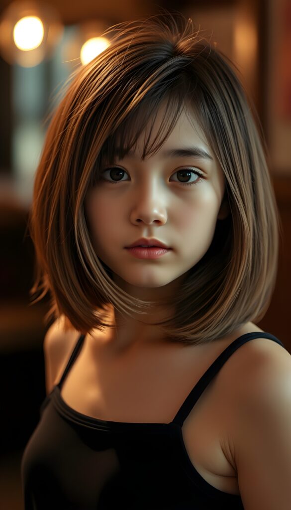 A young girl with a flawless face, looking directly into the camera. She has brown, straight, voluminous, and full hair with light highlights. Her hair is in a perfect shoulder-length bob cut. Her beautiful dark eyes radiate a sense of calm and contentment. She has plump, full, natural lips and a small nose. Well-defined dark eyebrows. The photo captures her round face in a warm tone. She’s wearing a black tight-fitting thin spanned tank top that accentuates her wonderful, feminine figure.