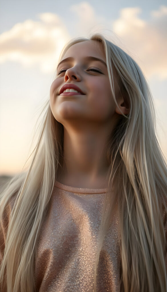 A young girl with long, flowing platinum blonde hair, her eyes closed in anticipation, a round face with full, kissable lips slightly parted, revealing her white teeth, stands against a soft gradient of light blue and lilac. Her head is tilted slightly upwards, wearing a delicate, shimmering gold t-shirt that sparkles under the warm, golden hour light filtering through the serene clouds above. The scene is dreamy, with soft, pastel-colored flowers gently swaying in the breeze around her, creating a romantic and whimsical atmosphere.