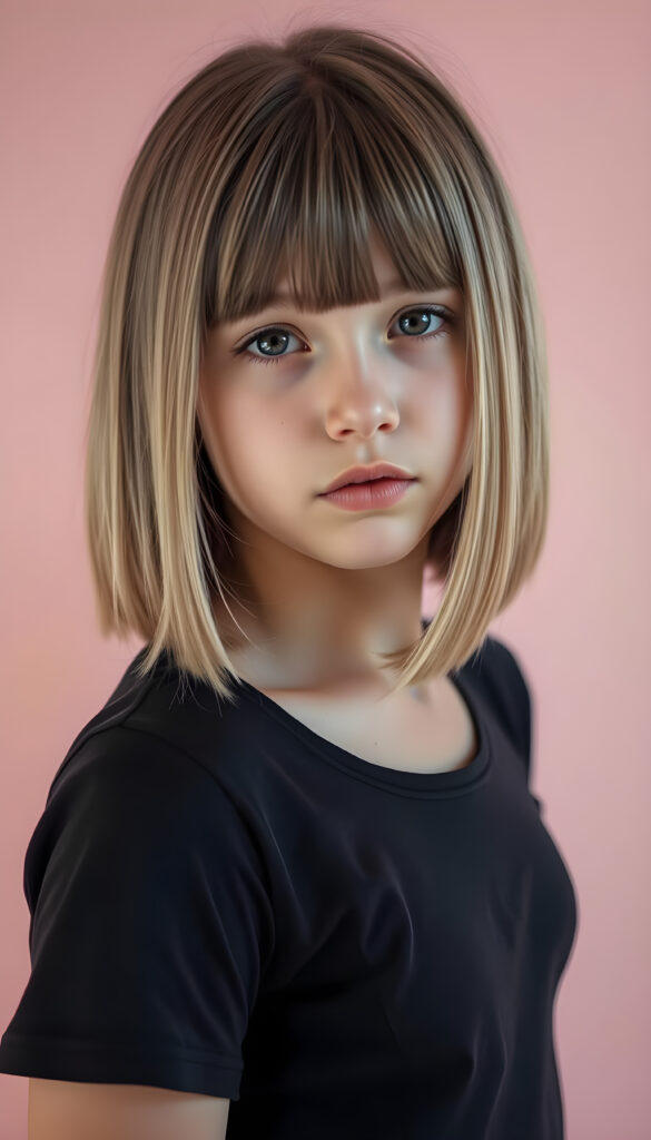 A young girl with striking, straight blonde hair with brown highlights framing her face, bob cut, her bangs styled in a perfect side part, exuding confidence with a curvy silhouette, poses confidently against a soft, pastel pink backdrop. She is dressed in a thin dark t-shirt, perfect female curved body, featuring a sleek black dress that contrasts beautifully with her hair and the background. The lighting is soft and ethereal, highlighting her features and adding a dreamy atmosphere to the scene.