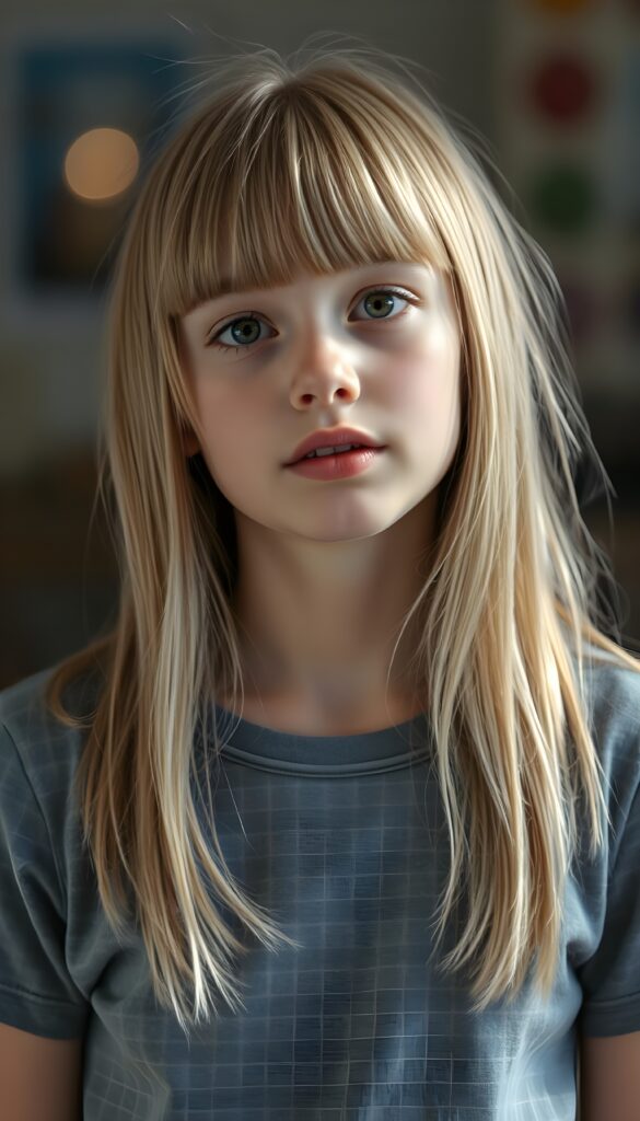 A young girl with straight golden blonde hair and light brown highlights, her hair falling gently over her upper body, bangs cut frame her round face. She tilts her head slightly. She has dark, round, large eyes and a pouty mouth. She wears a grey checkered T-shirt that accentuates her wonderful, feminine body. She has a round face, beautiful full lips, her mouth slightly open, and white teeth.