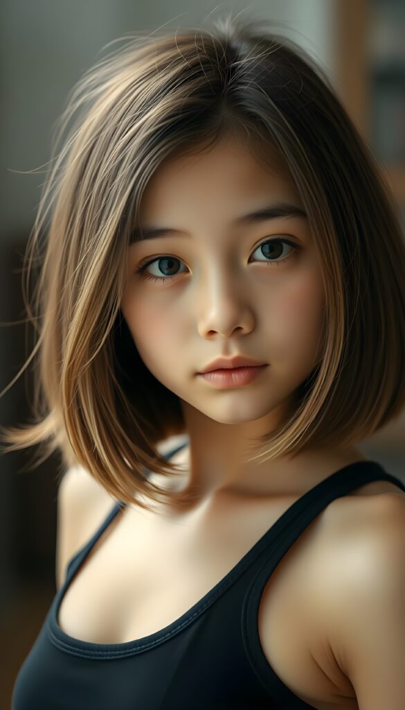 A young girl with a flawless face, looking directly into the camera. She has brown, straight, voluminous, and full hair with light highlights. Her hair is in a perfect shoulder-length bob cut. Her beautiful dark eyes radiate a sense of calm and contentment. She has plump, full, natural lips and a small nose. Well-defined dark eyebrows. The photo captures her round face in a warm tone. She’s wearing a black tight-fitting thin spanned tank top that accentuates her wonderful, feminine figure.