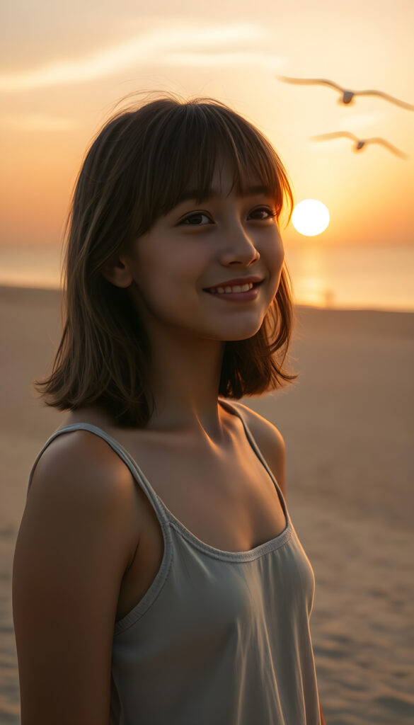 A young girl with soft, light brown hazelnut shoulder-length hair and gentle bangs, her face round and detailed, stands on a vast, deserted beach at sunrise. The sky is a blend of warm oranges and soft pinks, casting a golden glow over the calm sea. She wears a thin, fine-wool tank top, her eyes gazing at the horizon with a warm, serene smile. The perspective is from above, capturing her silhouette against the rising sun, with seagulls soaring in the distance. The composition is balanced, with the beach stretching out to meet the horizon, creating a sense of peace and solitude.