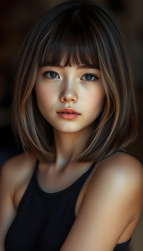 A young girl with a flawless face, looking directly into the camera. She has brown, straight, voluminous, and full hair with light highlights. Her hair is in a perfect shoulder-length bob cut. Her beautiful dark eyes radiate a sense of calm and contentment. She has plump, full, natural lips and a small nose. Well-defined dark eyebrows. The photo captures her round face in a warm tone. She’s wearing a black tight-fitting thin spanned tank top that accentuates her wonderful, feminine figure.