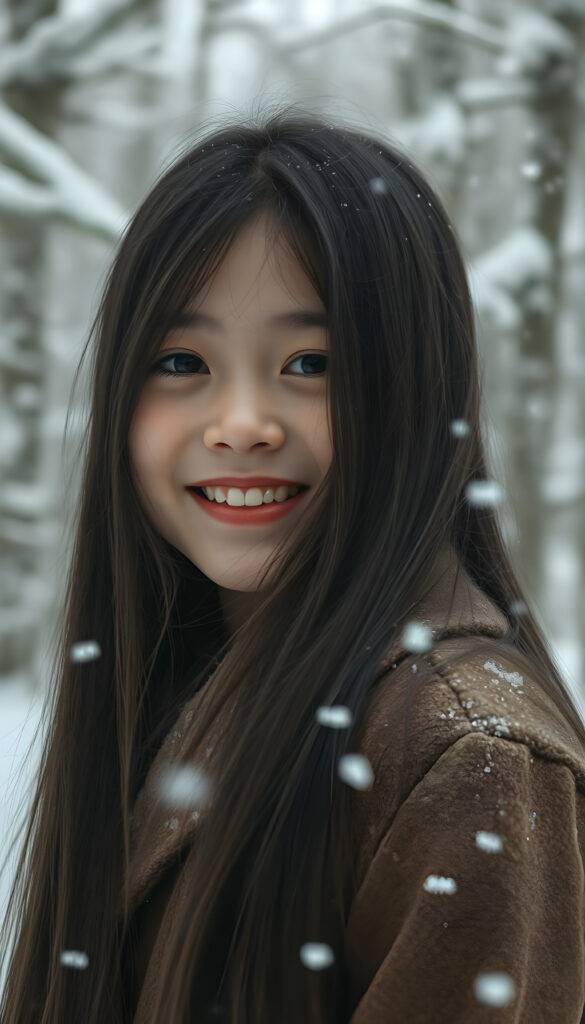 A young girl with long, straight, shiny black hair wears a thick brown winter coat. Snow is falling. A white, snow-covered winter forest. She has red cheeks, red lips, and is smiling, white teeth. Her hair blows gently in the wind.