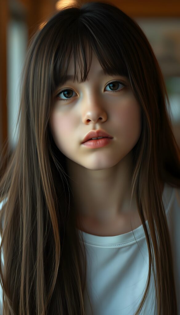 A young girl with long, straight hazelnut brown hair. She is waiting for a kiss. Cute. White t-shirt.