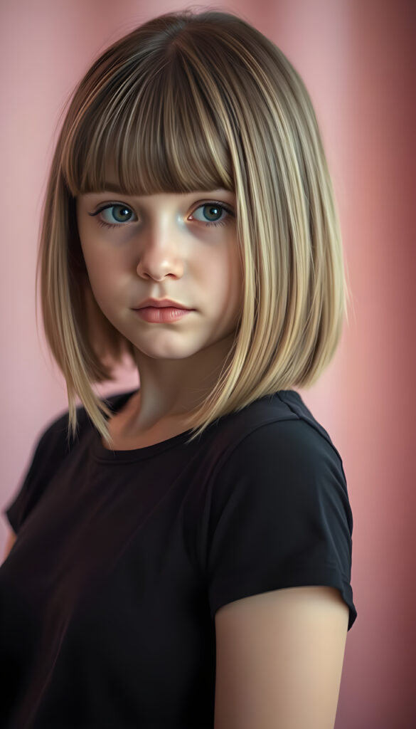 A young girl with striking, straight blonde hair with brown highlights framing her face, bob cut, her bangs styled in a perfect side part, exuding confidence with a curvy silhouette, poses confidently against a soft, pastel pink backdrop. She is dressed in a thin dark t-shirt, perfect female curved body, featuring a sleek black dress that contrasts beautifully with her hair and the background. The lighting is soft and ethereal, highlighting her features and adding a dreamy atmosphere to the scene.