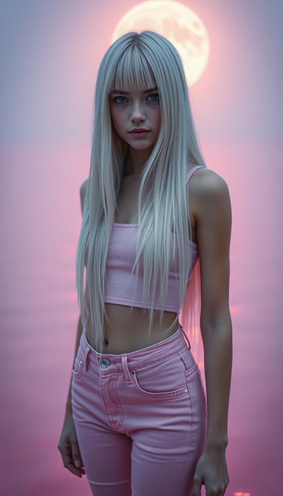 A young girl with long, straight full open white hair reach to her hip; she wears a pink thin plain cropped tank top that perfectly accentuates her perfectly feminine figure and pink jeans pants; she stands in a fantastical, unrealistic, glowing pink lake that reflects the moonlight. She has flawless skin. Beautiful. Fantastic.