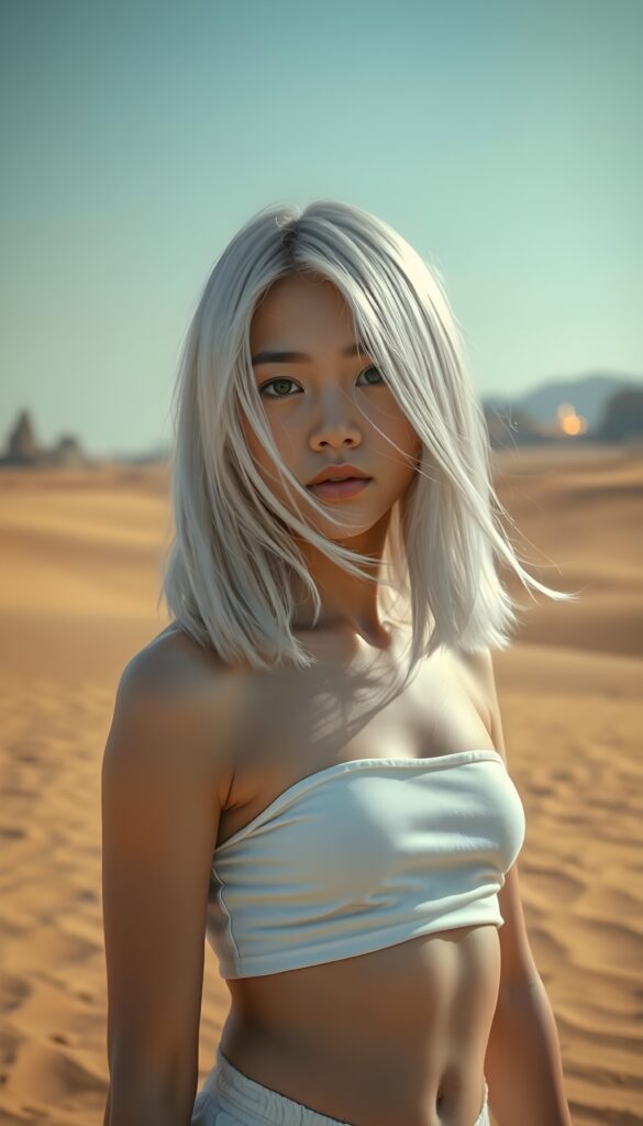 a girl with white soft long straight hair in a perfect shoulder length bob cut, white dressed in a tank top, in a sandy desert.