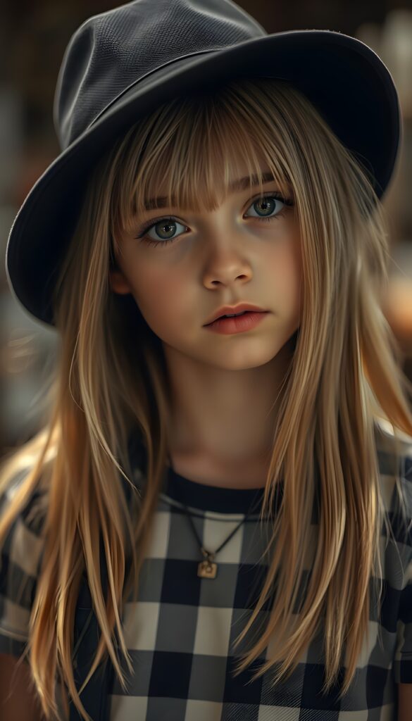A young girl with straight golden blonde hair wears a black hat, her hair falling gently over her upper body. She has dark, round, large eyes and a pouty mouth. She wears a checkered T-shirt that accentuates her wonderful, feminine body.