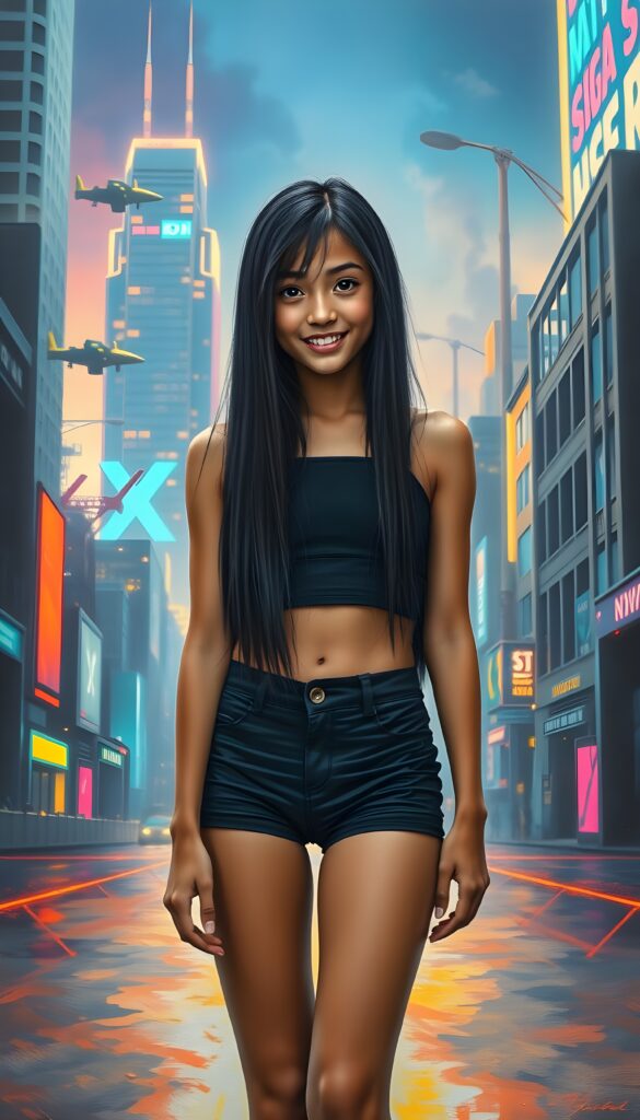 A young girl with long, straight black hair cascading down her back, standing confidently in a futuristic, neon-lit cityscape. She wears a sleek, form-fitting crop top and high-waisted shorts, her posture exuding elegance and playfulness. Her eyes sparkle with determination as she looks directly at the viewer, her smile radiant. The background features a vibrant, holographic skyline with towering skyscrapers and flying vehicles, illuminated by an array of colorful lights. The scene is dynamic, with a subtle glow emanating from the ground, adding a sense of motion and energy to the image. Front view.