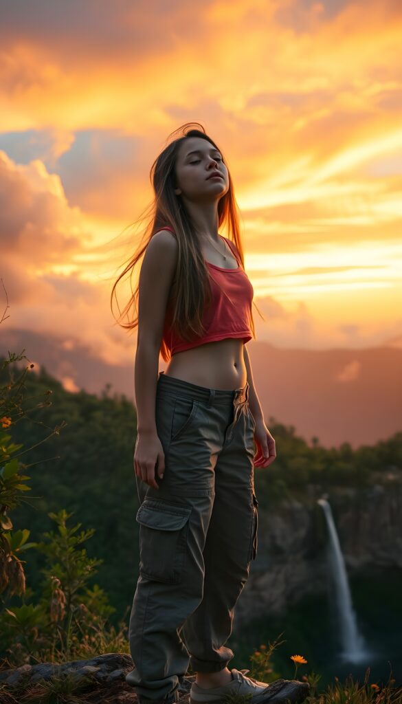 A young girl with long, flowing hair stands triumphantly on a mountain peak, her eyes closed in serene contemplation. She wears a vibrant, cropped tank top and cargo pants, blending harmoniously with the vivid hues of the sunset. The sky is painted with streaks of orange and pink, while fluffy clouds drift lazily by. The mountainside is alive with lush greenery and wildflowers, and a waterfall cascades down the cliff, reflecting the soft, golden light. A gentle breeze rustles the leaves, adding to the peaceful ambiance.