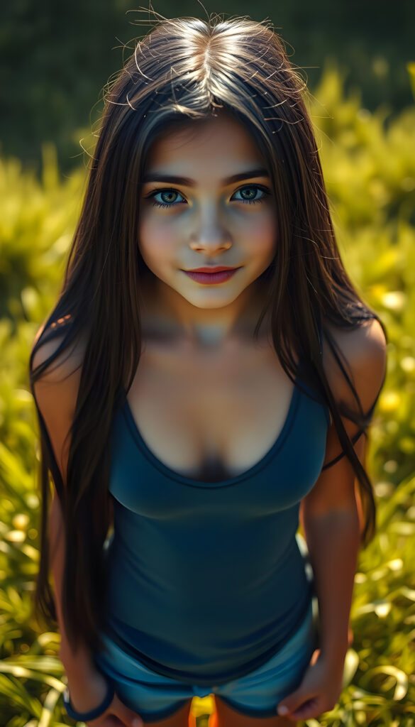 A young girl with long, straight, dark blue obsidian hair stands in a sunlit meadow, her shiny dark blue eyes sparkling under the bright sun. She wears a tight, form-fitting short tank top with a deep v-neck, revealing a bit of her chest. The scene is viewed from above, showcasing her full body and the vibrant green grass beneath her feet. The lighting casts gentle shadows, creating a serene and cheerful atmosphere.