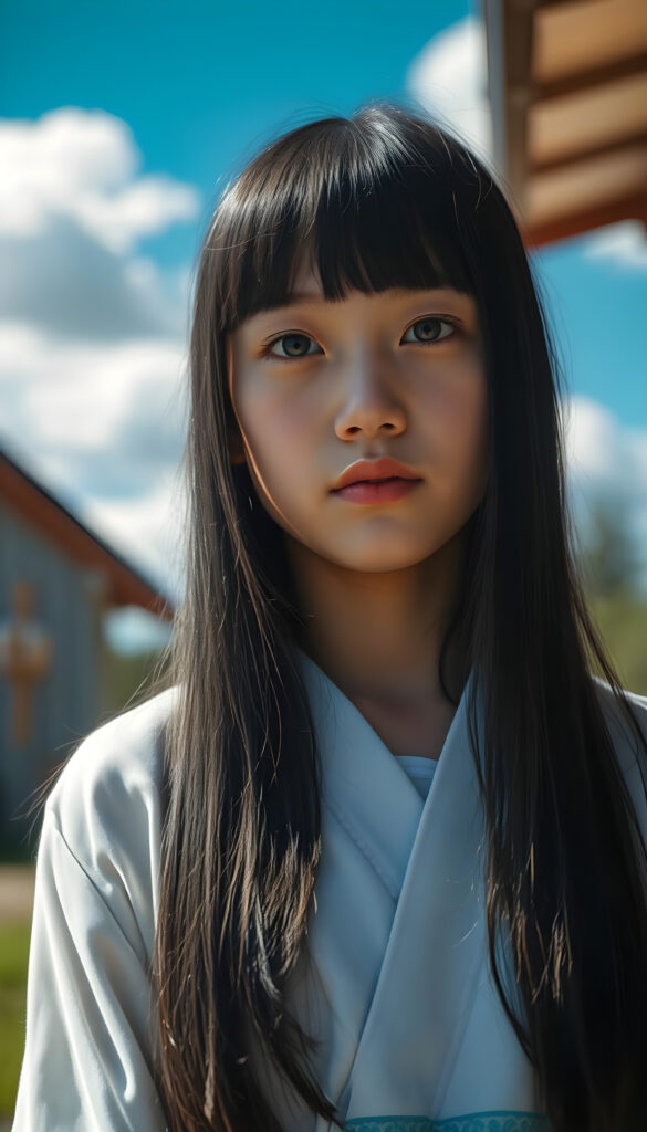 A young girl with long, straight, shiny black hair and bangs stands in a traditional white and light blue Ainu dress. Her delicate, pale skin and distinctive light blue eyes are meticulously detailed, with a serene and natural expression. Her full lips are painted a soft pink. The image is vibrant, featuring a bright blue sky with fluffy white clouds, contrasting beautifully with the intricate patterns of her dress. The composition highlights the cultural richness and natural beauty, with warm sunlight casting a gentle glow on her face and dress.
