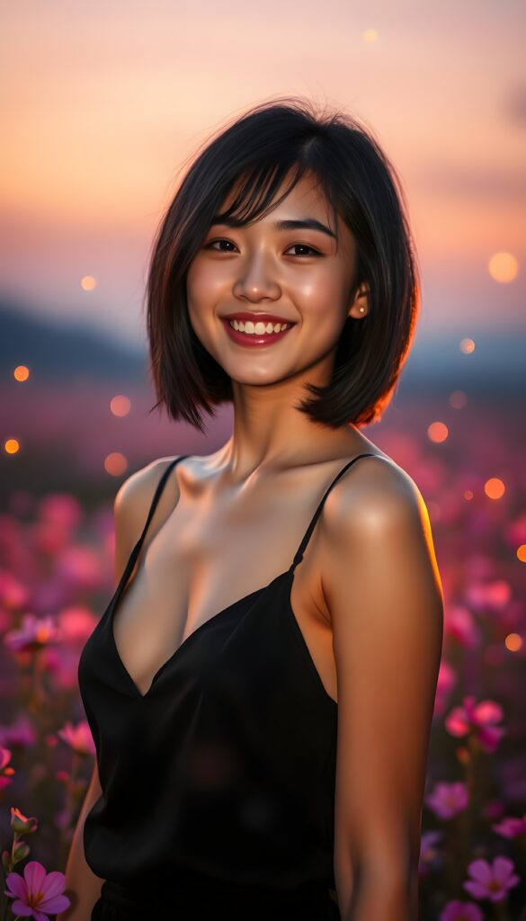 A young girl with dark, shoulder-length hair styled in a sleek bob cut, wearing a black spaghetti strap top with a deep neckline, stands confidently against a backdrop of soft, ethereal twilight. Her playful smile radiates joy, and she strikes a pose that exudes a mix of confidence and elegance. The scene is set in a surreal, dreamy landscape where vibrant, neon flowers bloom around her. The lighting is warm and golden, casting a gentle glow that highlights her features and gives the entire composition a whimsical, almost magical atmosphere. The background is a blend of soft purples and blues, with delicate, glowing particles floating around her, adding to the enchanting and ethereal feel of the image.
