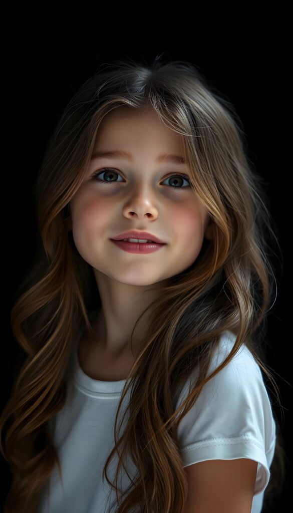 A young girl with long, wavy hazelnut brown hair. She is waiting for a kiss. Cute. White t-shirt. Full plump kissable lips, white teeth. Flawless skin. Black backdrop.