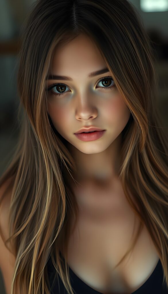 The most beautiful girl in the world: a young girl with a flawless face, looking directly into the camera. She has brown, straight, voluminous, and full hair with light highlights. Her hair is super long and realistic an detailed. Her beautiful dark eyes radiate a sense of calm and contentment. She has plump, full, natural lips and a small nose. Well-defined dark eyebrows. The photo captures her round face in a warm tone. She’s wearing a black tight-fitting thin tank top, deep v-neck that accentuates her wonderful, feminine figure. She has a absolute symmetrical face.