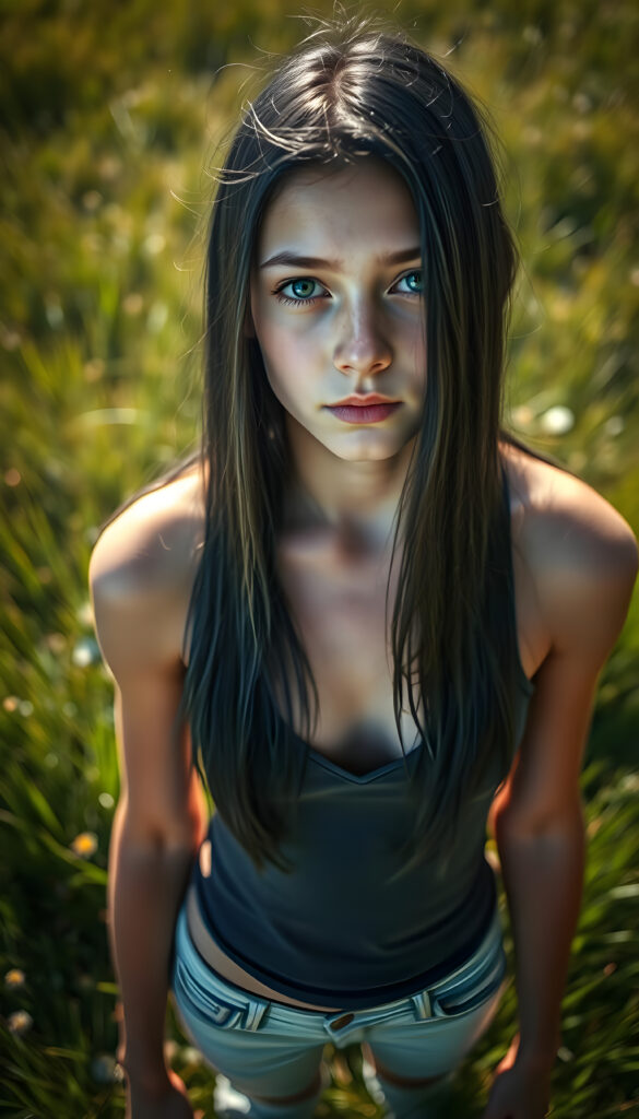 A young girl with long, straight, dark blue obsidian hair stands in a sunlit meadow, her shiny dark blue eyes sparkling under the bright sun. She wears a tight, form-fitting short tank top with a deep v-neck, revealing a bit of her chest. The scene is viewed from above, showcasing her full body and the vibrant green grass beneath her feet. The lighting casts gentle shadows, creating a serene and cheerful atmosphere, Photograph Portrait Close-up Sharp focus 35mm