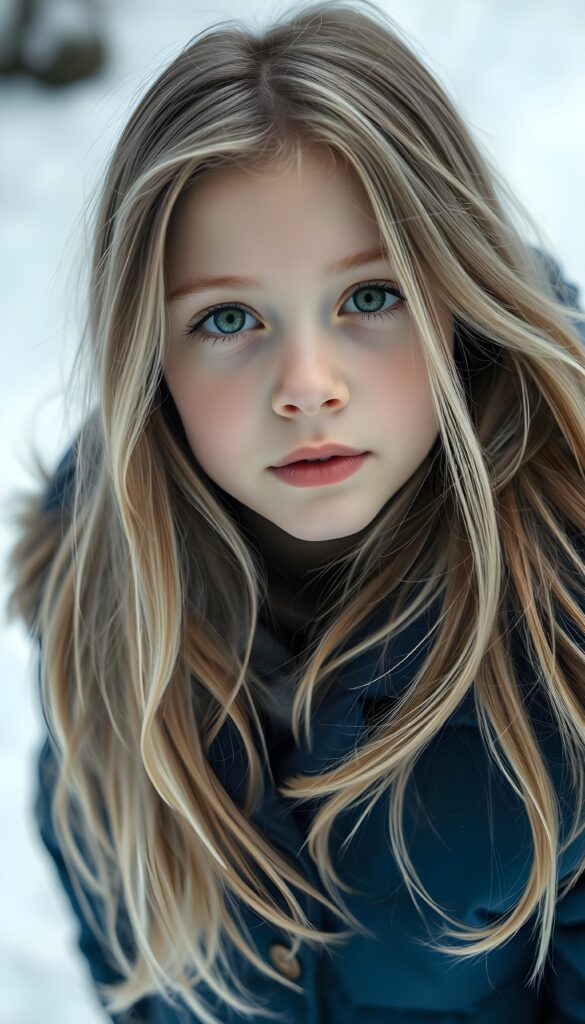 A young girl with long, thick, soft full open light-blonde hair and brown highlights is wearing a thick blue winter jacket. She has green eyes, white backdrop. She looks up to the viewer.