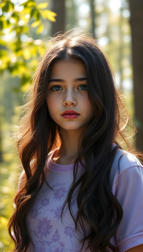 A young girl with long, wavy black hair that cascades down her back in the same length left and right, her deep blue eyes sparkling like sapphires under a soft, golden sunlight filtering through lush green leaves. Her lips, full and vividly red, stand out against her flawless, porcelain-colored skin. She wears light purple cropped t-shirt with intricate floral patterns.. The scene is set in a serene, sunlit forest with tall trees and a gentle breeze, creating a magical and ethereal atmosphere.
