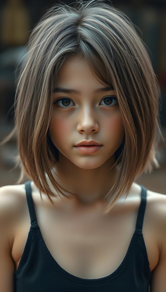 A young girl with a flawless face, looking directly into the camera. She has brown, straight, voluminous, and full hair with light highlights. Her hair is in a perfect shoulder-length bob cut. Her beautiful dark eyes radiate a sense of calm and contentment. She has plump, full, natural lips and a small nose. Well-defined dark eyebrows. The photo captures her round face in a warm tone. She’s wearing a black tight-fitting thin spanned tank top that accentuates her wonderful, feminine figure.