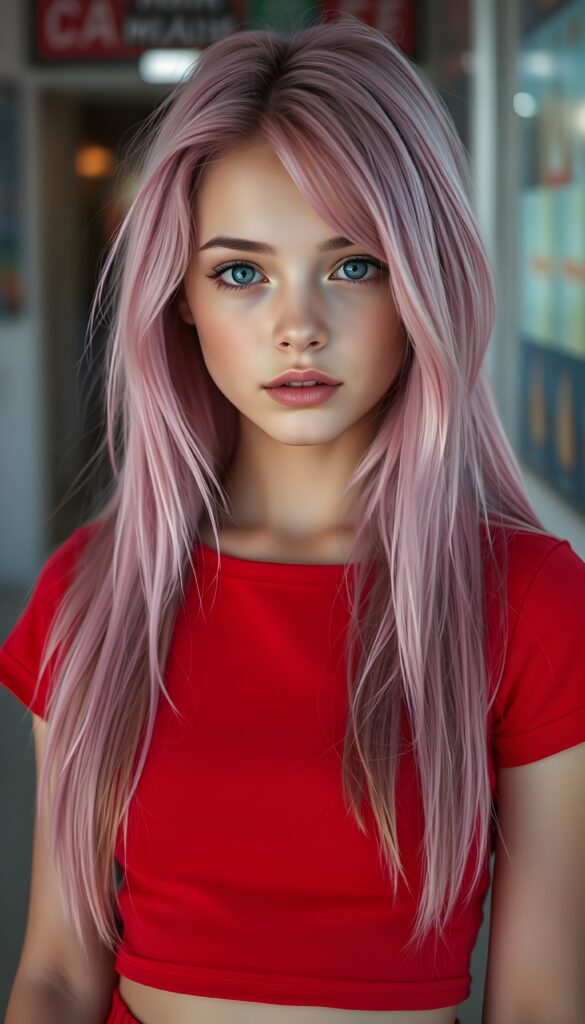 A young girl with porcelain skin and bright blue eyes, her lips full and lips with white teeth, a symmetrical face. She has long, soft neon pink hair that cascades down her shoulders like a waterfall of candyfloss. She wears a red t-shirt.