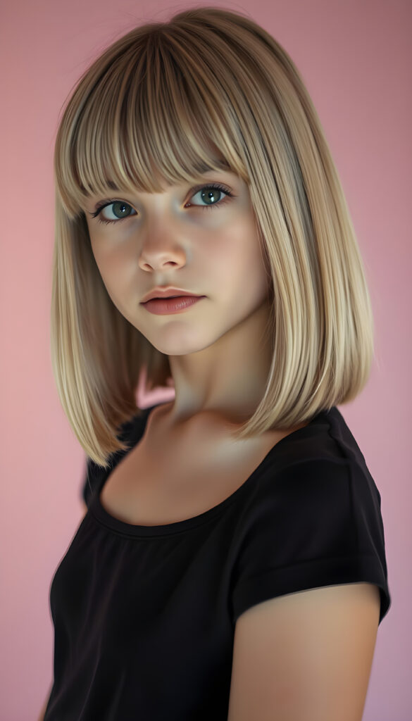 A young girl with striking, straight blonde hair with brown highlights framing her face, bob cut, her bangs styled in a perfect side part, exuding confidence with a curvy silhouette, poses confidently against a soft, pastel pink backdrop. She is dressed in a thin dark t-shirt, perfect female curved body, featuring a sleek black dress that contrasts beautifully with her hair and the background. The lighting is soft and ethereal, highlighting her features and adding a dreamy atmosphere to the scene.