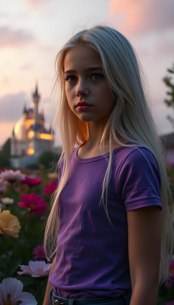 A young girl with long, flowing white hair and expressive brown eyes, dressed in a fitted violet t-shirt, stands in a whimsical garden at twilight. The garden is filled with vibrant, oversized flowers, and the sky is a blend of soft pinks and purples. She gazes thoughtfully at a distant, ethereal castle illuminated by a warm, magical glow, with a rainbow arching over the landscape.