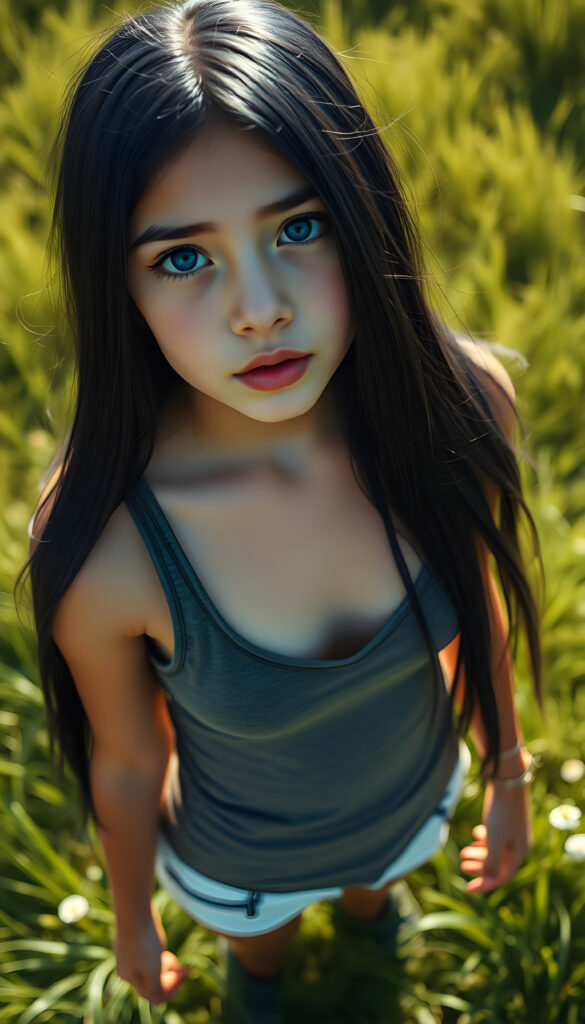 A young girl with long, straight, dark blue obsidian hair stands in a sunlit meadow, her shiny dark blue eyes sparkling under the bright sun. She wears a tight, form-fitting short tank top with a deep v-neck, revealing a bit of her chest. The scene is viewed from above, showcasing her full body and the vibrant green grass beneath her feet. The lighting casts gentle shadows, creating a serene and cheerful atmosphere.
