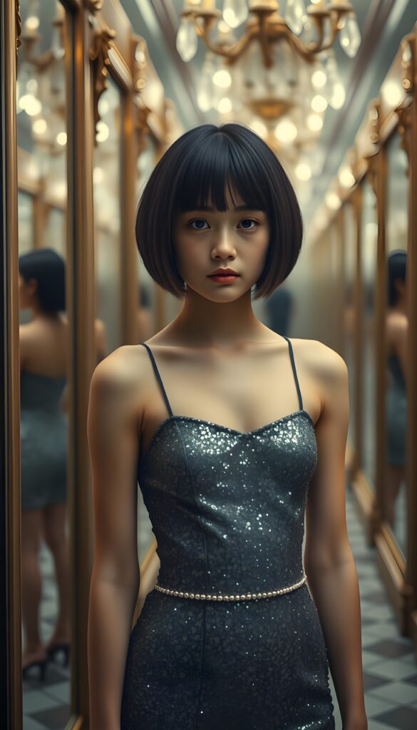 A young girl with a bob hairstyle, wearing a tight, glittering dress, stands in a hall of mirrors.