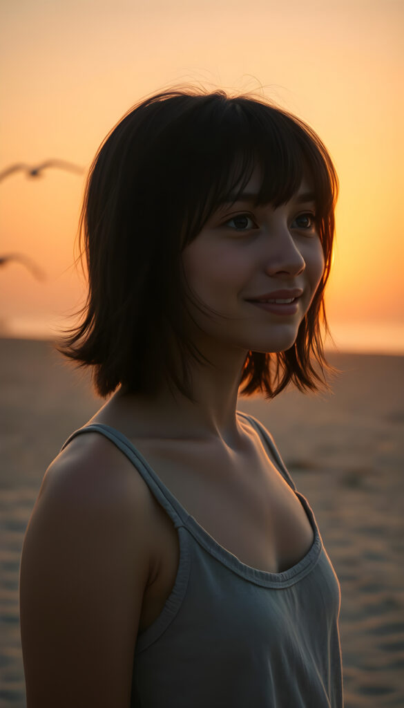 A young girl with soft, dark shoulder-length hair and gentle bangs, her face round and detailed, stands on a vast, deserted beach at sunrise. The sky is a blend of warm oranges and soft pinks, casting a golden glow over the calm sea. She wears a thin, fine-wool tank top, her eyes gazing at the horizon with a warm, serene smile. The perspective is from above, capturing her silhouette against the rising sun, with seagulls soaring in the distance. The composition is balanced, with the beach stretching out to meet the horizon, creating a sense of peace and solitude.