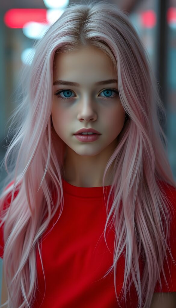 A young girl with porcelain skin and bright blue eyes, her lips full and lips with white teeth, a symmetrical face. She has long, soft neon pink hair that cascades down her shoulders like a waterfall of candyfloss. She wears a red t-shirt.