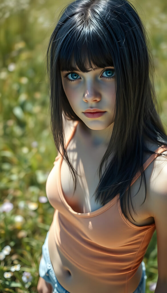 A young girl with long, straight, dark blue obsidian hair stands in a sunlit meadow, her shiny dark blue eyes sparkling under the bright sun. She wears a tight, form-fitting short tank top with a deep v-neck, revealing a bit of her chest. The scene is viewed from above, showcasing her full body and the vibrant green grass beneath her feet. The lighting casts gentle shadows, creating a serene and cheerful atmosphere, Photograph Portrait Close-up Sharp focus 35mm