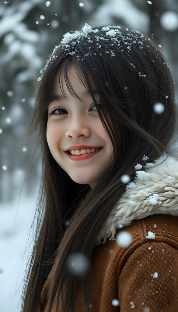 A young girl with long, straight, shiny black hair wears a thick brown winter coat. Snow is falling. A white, snow-covered winter forest. She has red cheeks, red lips, and is smiling, white teeth. Her hair blows gently in the wind.