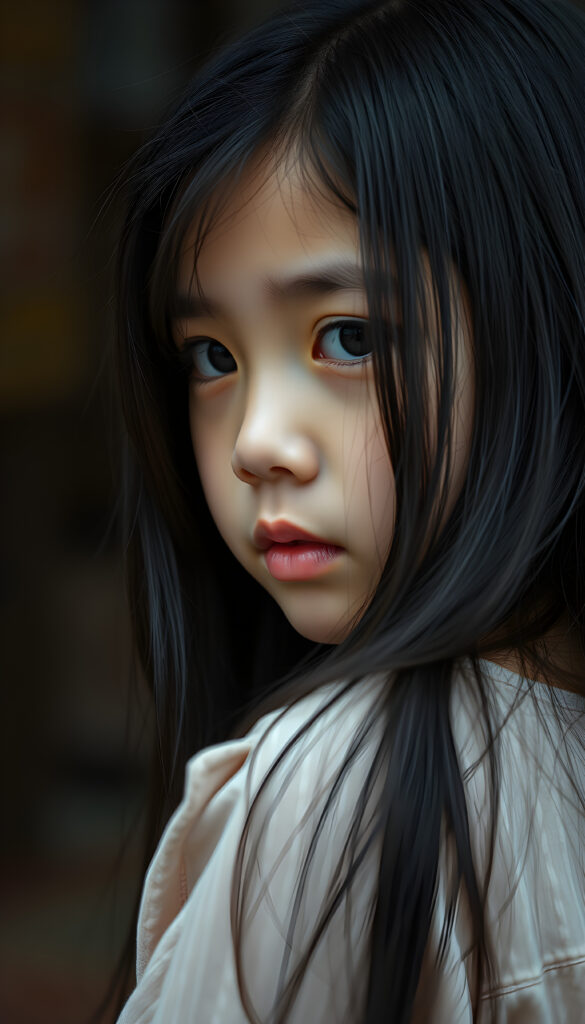 an artistic image shows a young girl with long black hair looks at the viewer. She looks very sad, side view