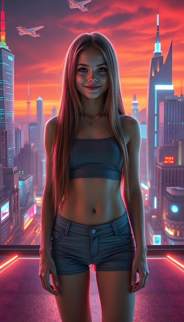 A young girl with long, straight hair cascading down her back, standing confidently in a futuristic, neon-lit cityscape. She wears a sleek, form-fitting crop top and high-waisted shorts, her posture exuding elegance and playfulness. Her eyes sparkle with determination, her smile radiant. The background features a vibrant, holographic skyline with towering skyscrapers and flying vehicles, illuminated by an array of colorful lights. The scene is dynamic, with a subtle glow emanating from the ground, adding a sense of motion and energy to the image. Front view.