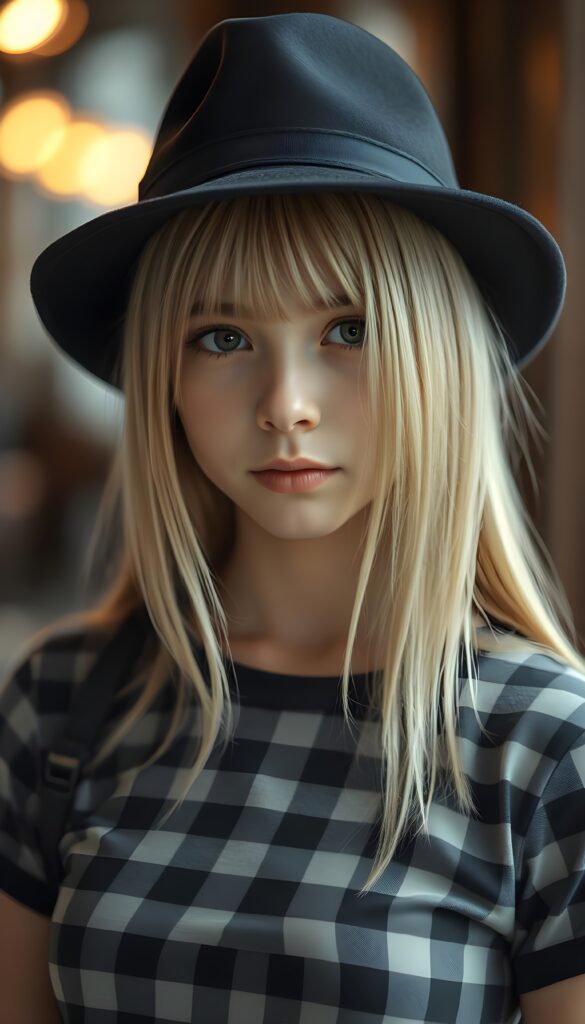 A young girl with straight golden blonde hair wears a black hat, her hair falling gently over her upper body. She has dark, round, large eyes and a pouty mouth. She wears a checkered T-shirt that accentuates her wonderful, feminine body.