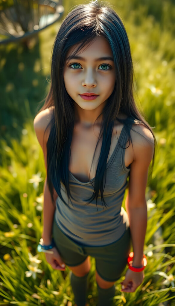 A young girl with long, straight, dark blue obsidian hair stands in a sunlit meadow, her shiny dark blue eyes sparkling under the bright sun. She wears a tight, form-fitting short tank top with a deep v-neck, revealing a bit of her chest. The scene is viewed from above, showcasing her full body and the vibrant green grass beneath her feet. The lighting casts gentle shadows, creating a serene and cheerful atmosphere.