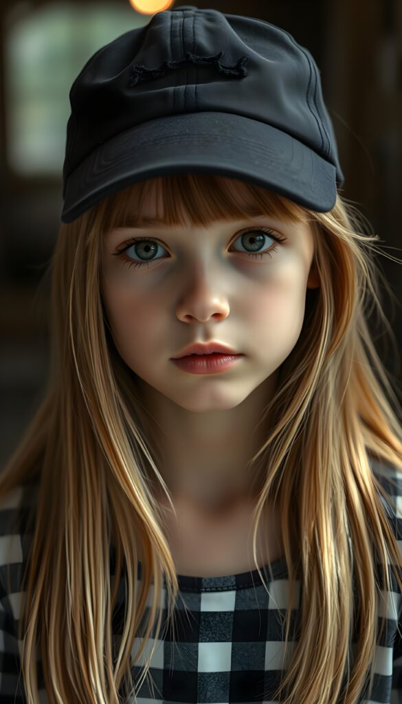 A young girl with straight golden blonde hair and light brown highlights, she is wearing a black baseball cap, her hair falling gently over her upper body. She has dark, round, large eyes and a pouty mouth. She wears a checkered T-shirt that accentuates her wonderful, feminine body. She has a round face, beautiful full lips, her mouth slightly open, and white teeth.