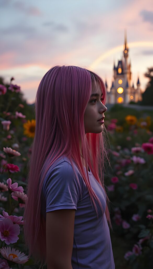 A young girl with ((long, straight neon pink hair)), dressed in a fitted violet t-shirt, stands in a whimsical garden at twilight. The garden is filled with vibrant, oversized flowers, and the sky is a blend of soft pinks and purples. She gazes thoughtfully at a distant, ethereal castle illuminated by a warm, magical glow, with a rainbow arching over the landscape. Perfect female curved body. View from the side.