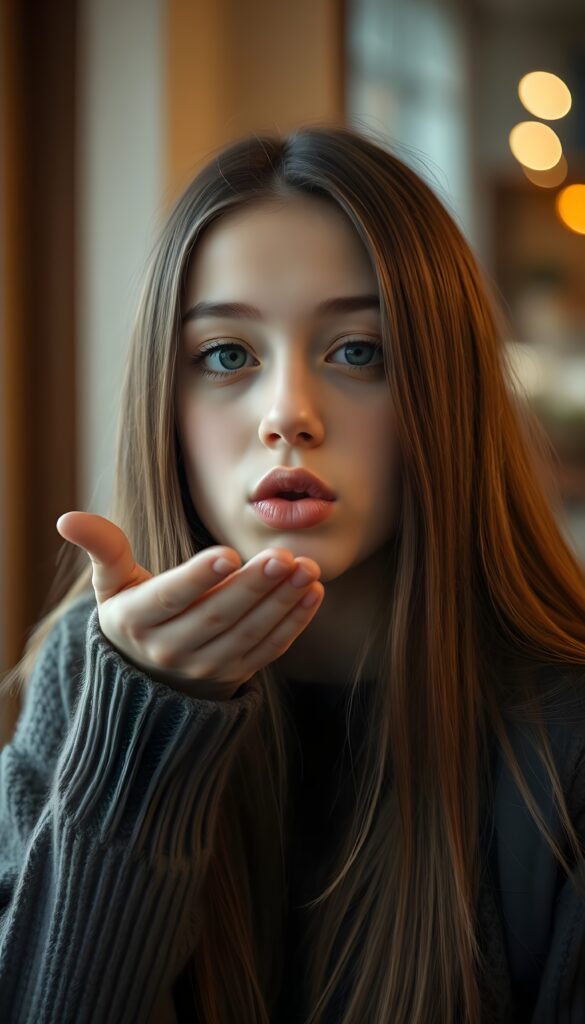 A young girl with long, straight hazelnut brown hair blows a kiss to the camera. Her lips are round. 35 mm. She wears a fine wool sweater.