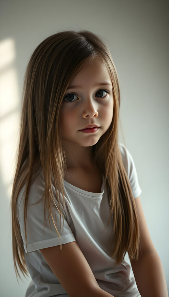 A young girl with long, straight, silky hair sits in a softly lit studio, her innocence radiating in her wide, curious eyes. She is dressed in a white thin T-Shirt. The background is a gradient of soft greys and muted tones, giving a timeless feel. Her posture is relaxed yet poised, her hands gently resting on her lap. The lighting is soft and warm, casting gentle shadows that enhance her delicate features. The atmosphere is serene and contemplative, with a hint of dreaminess.