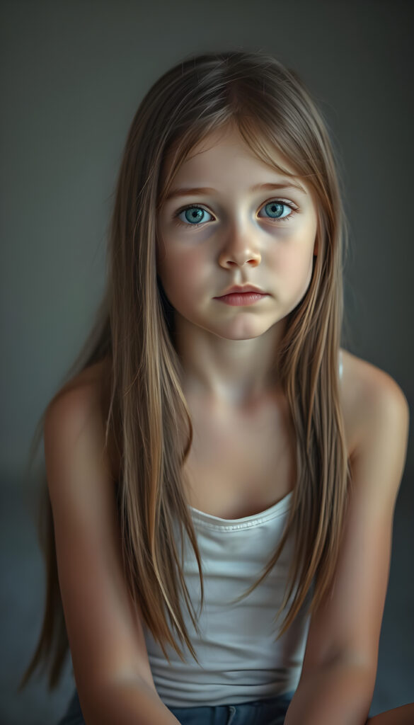 A young girl with long, straight, silky hair sits in a softly lit studio, her innocence radiating in her wide, curious blue shiny eyes. She is dressed in a white thin undershirt. The background is a gradient of soft greys and muted tones, giving a timeless feel. Her posture is relaxed yet poised, her hands gently resting on her lap. The lighting is soft and warm, casting gentle shadows that enhance her delicate features. The atmosphere is serene and contemplative, with a hint of dreaminess.