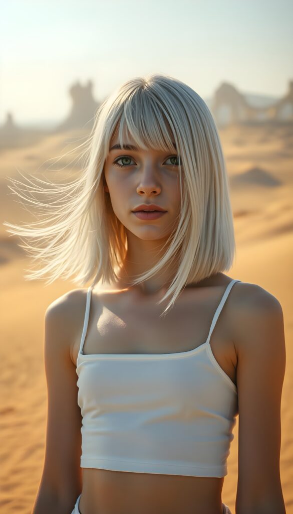 a girl with white soft long straight hair in a perfect shoulder length bob cut, white dressed in a tank top, in a sandy desert.