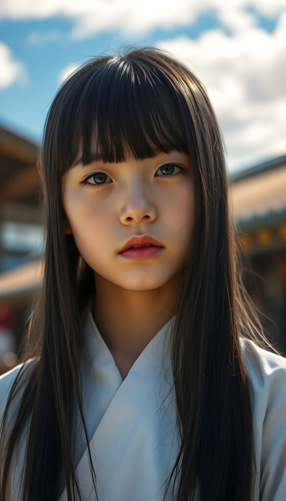 A young girl with long, straight, shiny black hair and bangs stands in a traditional white and light blue Ainu dress. Her delicate, pale skin and distinctive light blue eyes are meticulously detailed, with a serene and natural expression. Her full lips are painted a soft pink. The image is vibrant, featuring a bright blue sky with fluffy white clouds, contrasting beautifully with the intricate patterns of her dress. The composition highlights the cultural richness and natural beauty, with warm sunlight casting a gentle glow on her face and dress.