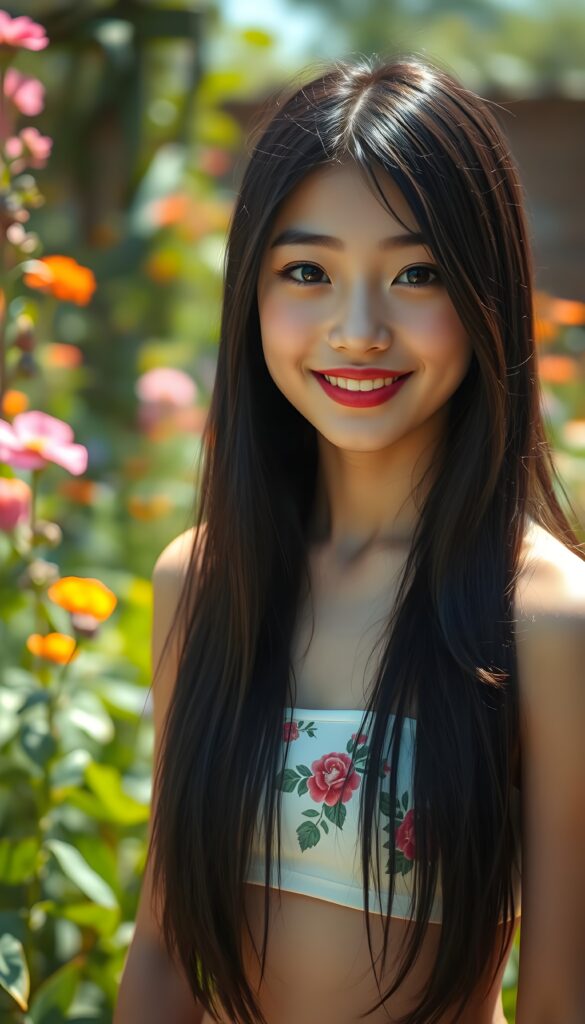 A young girl with long, flowing jet-black hair cascading down her shoulders, her radiant smile accentuated by bold dark red lipstick, stands in a sunlit garden. Her black eyes shine brightly against her pale complexion, framed by perfectly applied black eyeliner. The background features vibrant flowers and lush greenery, creating a magical atmosphere. She is wearing a thin white cropped tank top with a colorful floral pattern that accentuates her perfectly shaped, feminine figure.
